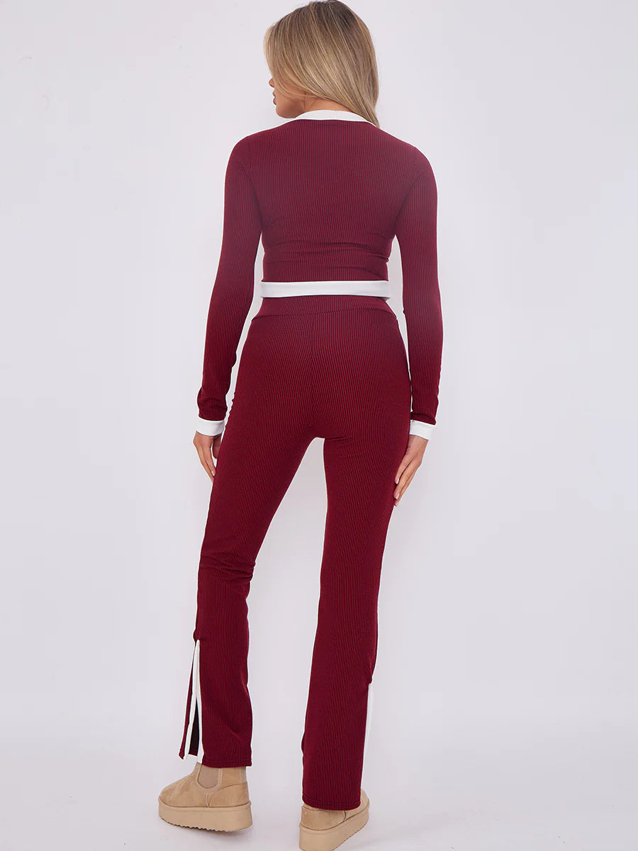 contract trim ribbed crop top side split trouser co ord wine rear