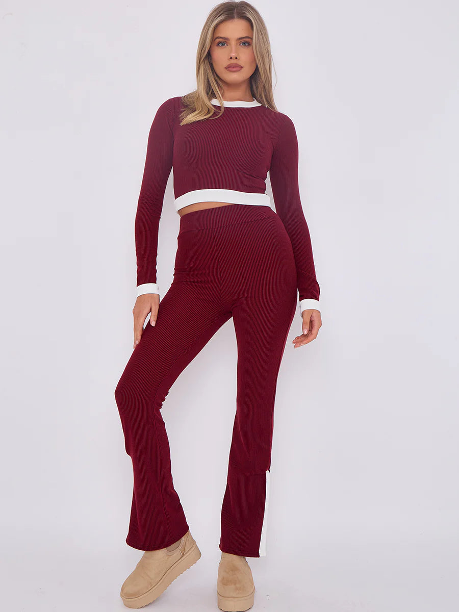 contract trim ribbed crop top side split trouser co ord wine