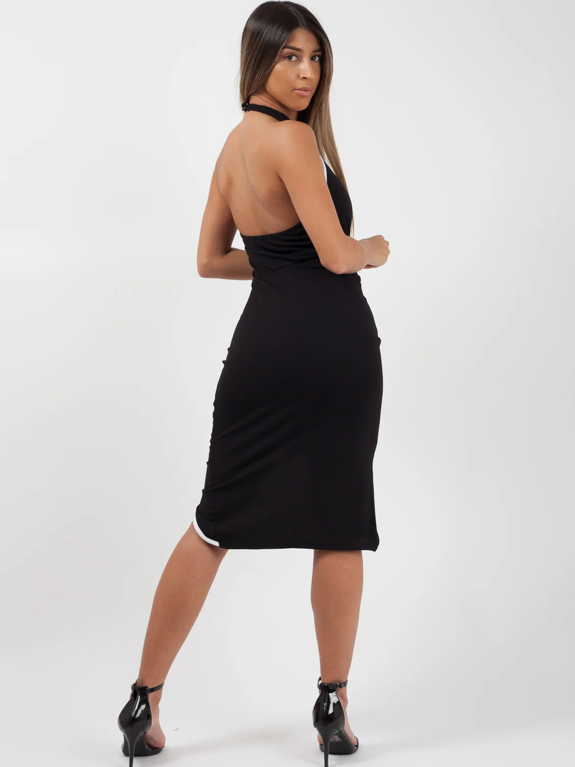 contrast trim halterneck bodycon dress black rear