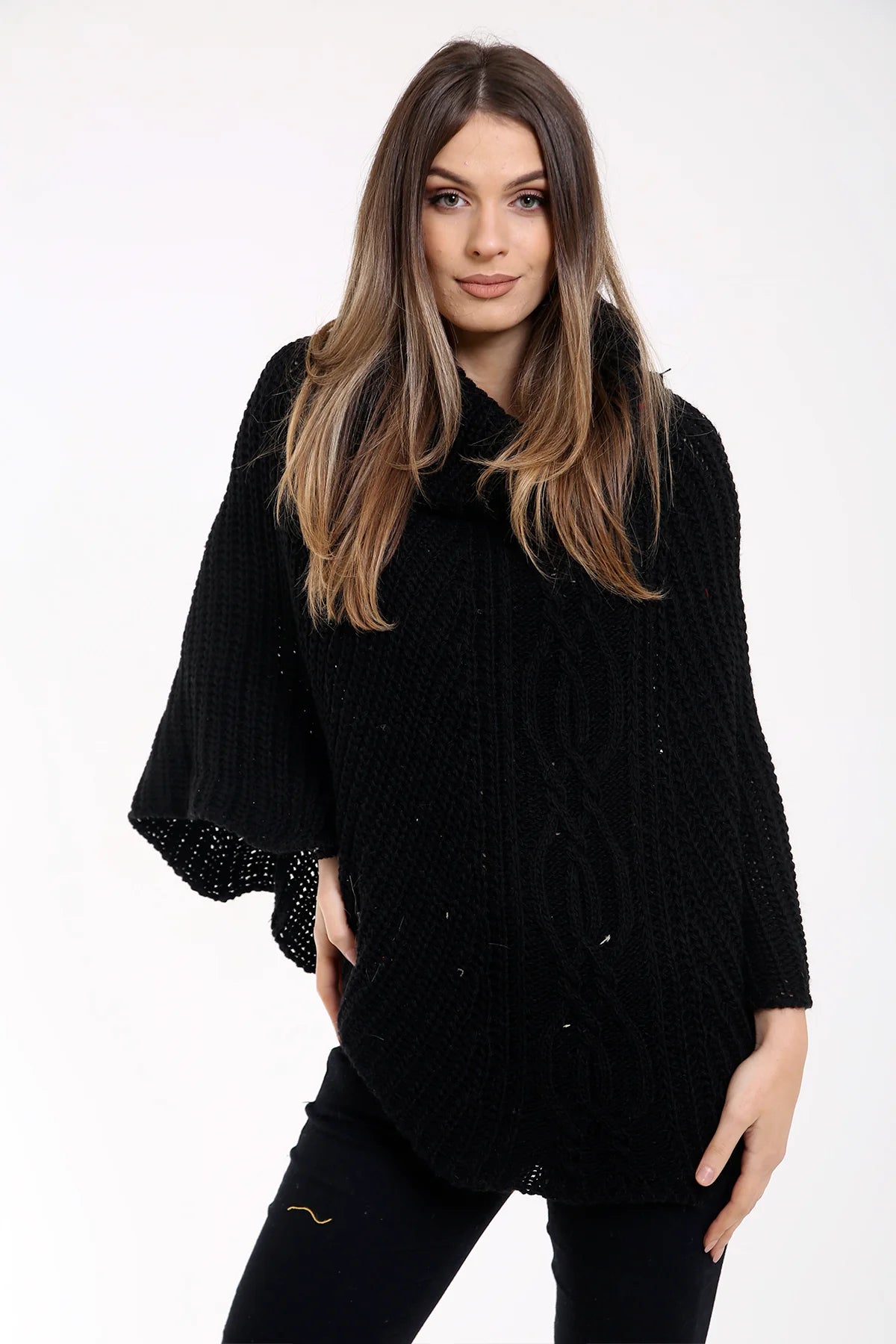 cowl neck cable knit poncho black