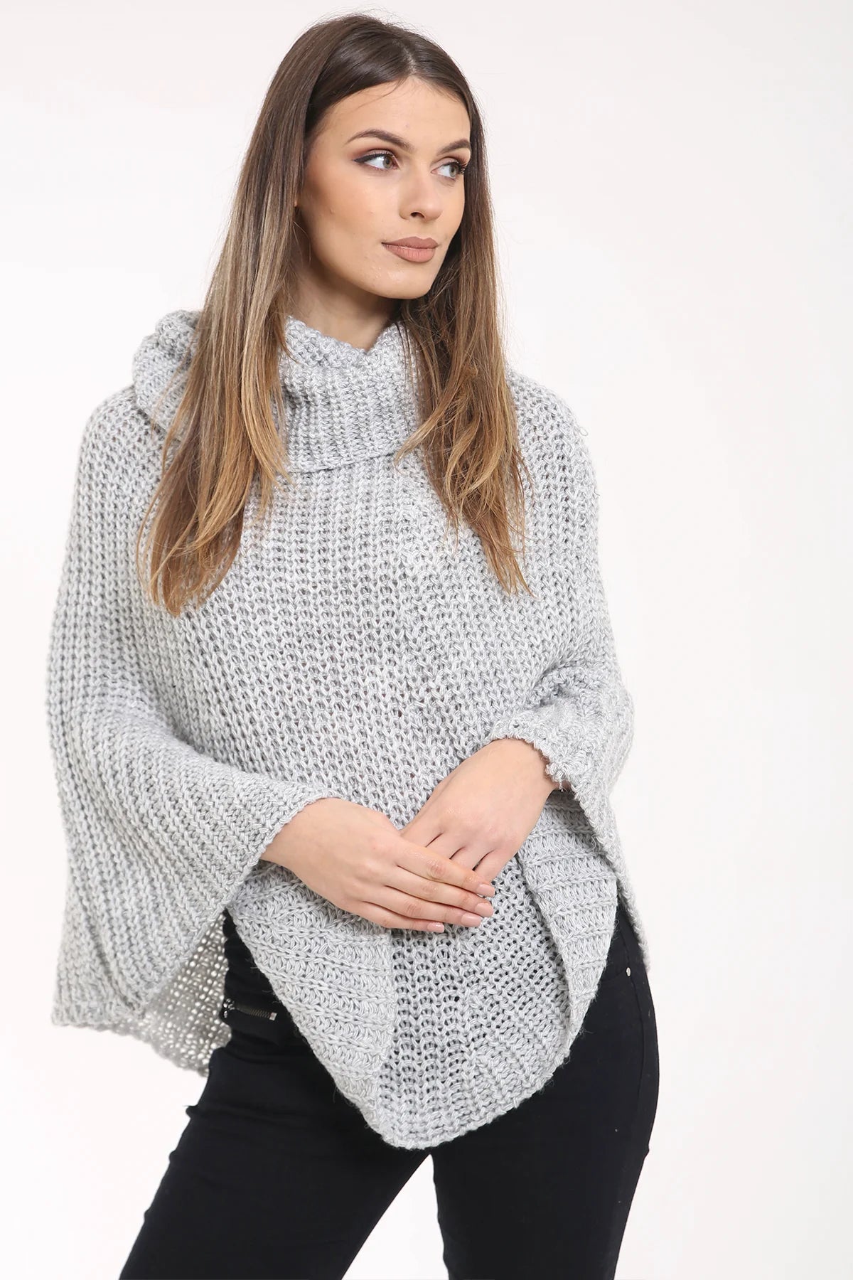 cowl neck cable knit poncho grey