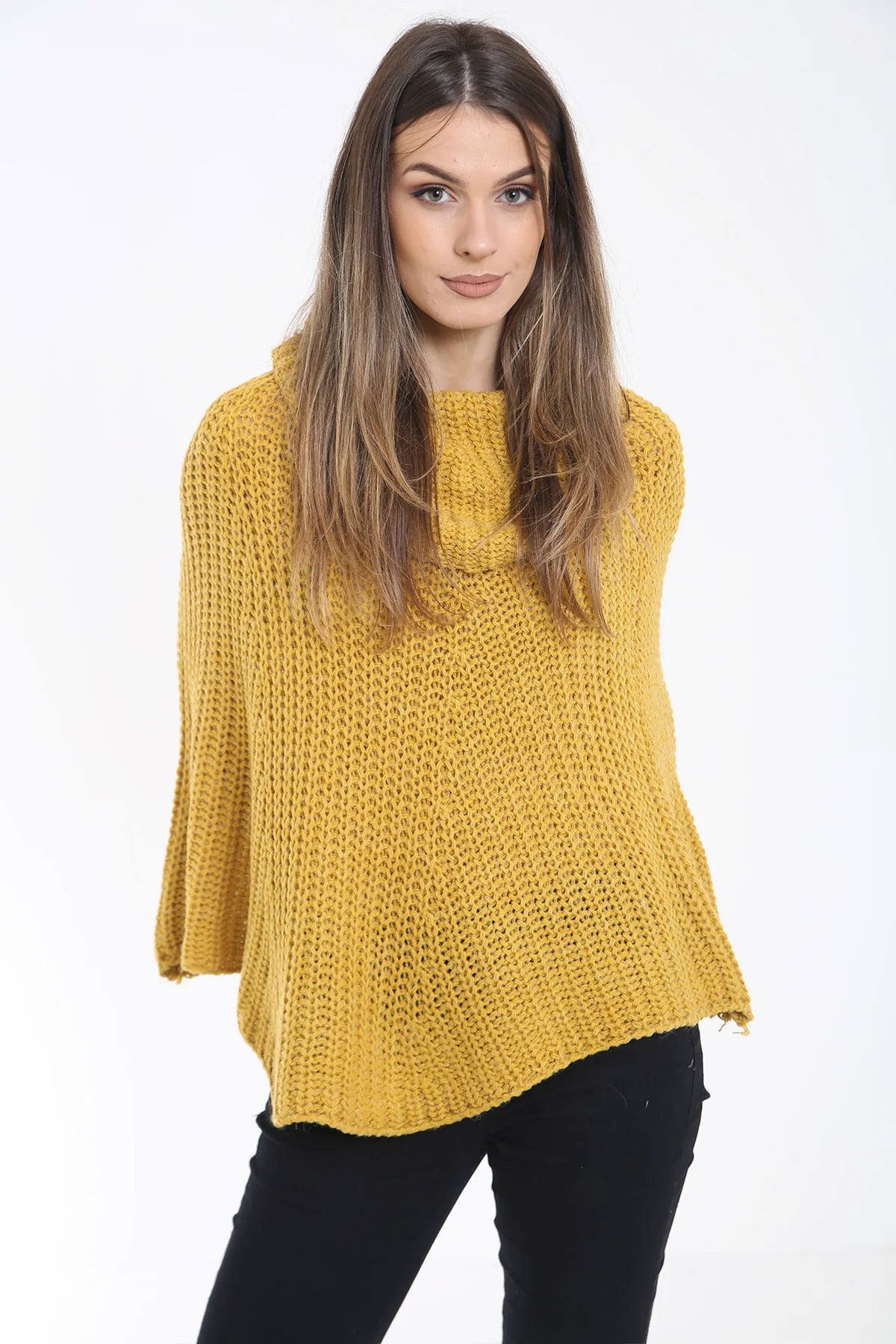 cowl neck cable knit poncho mustard