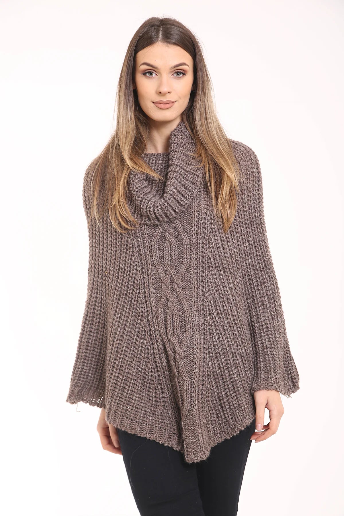 cowl neck cable knit poncho