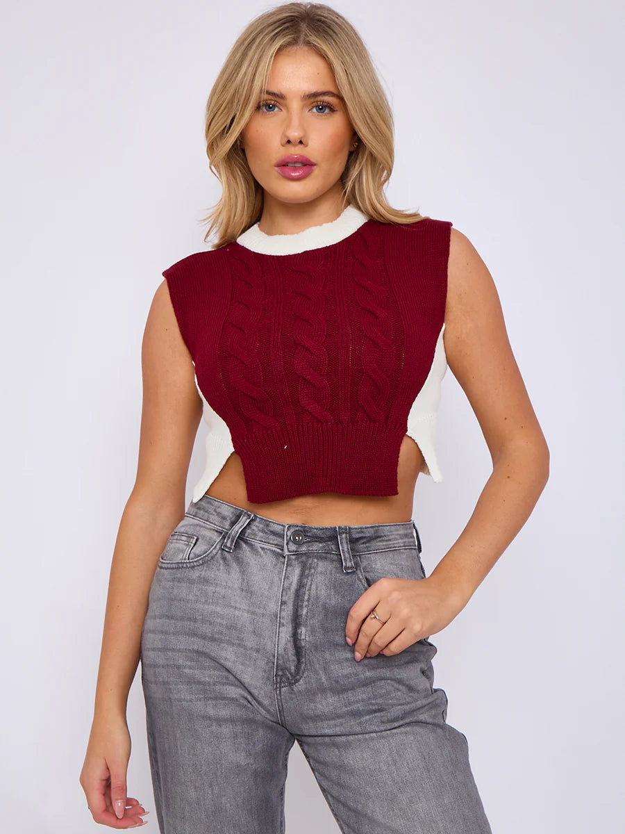 cropped cable knit vest wine alternate