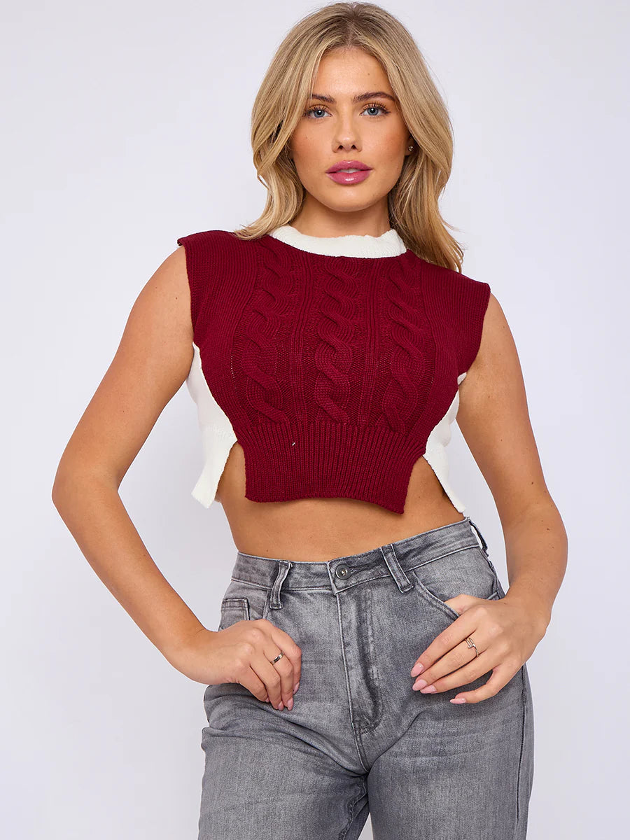 cropped cable knit vest wine