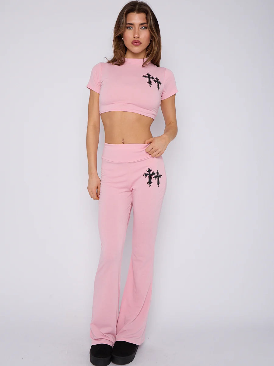 crucifix detail crop top flare trouser co ord pink