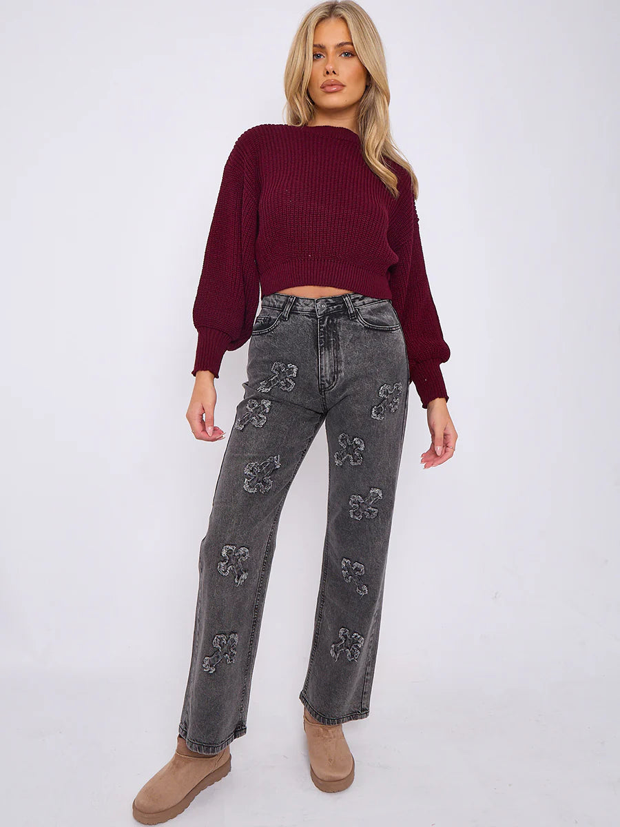 crucifix embroidered straight leg denim jeans charcoal