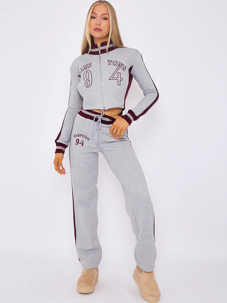 embroidered hampton zip up cropped top jogger fleece tracksuit grey