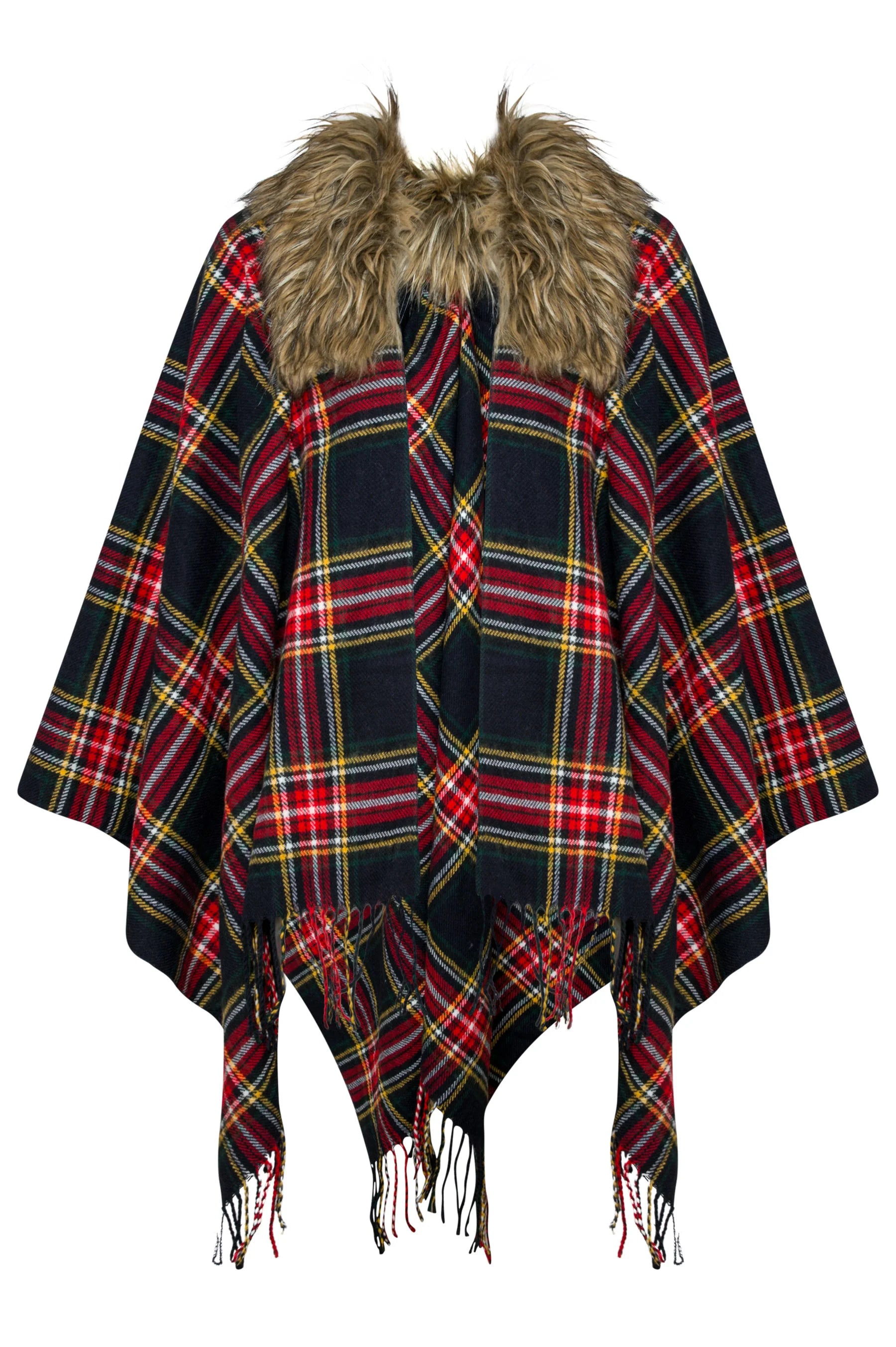 faux fur collar tartan check cape