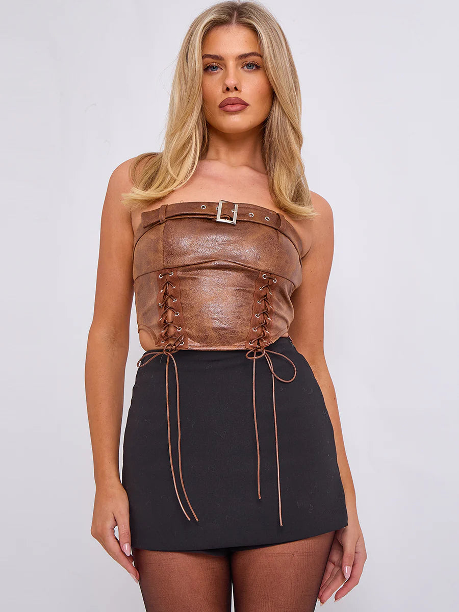 faux leather corset style bandeau top brown