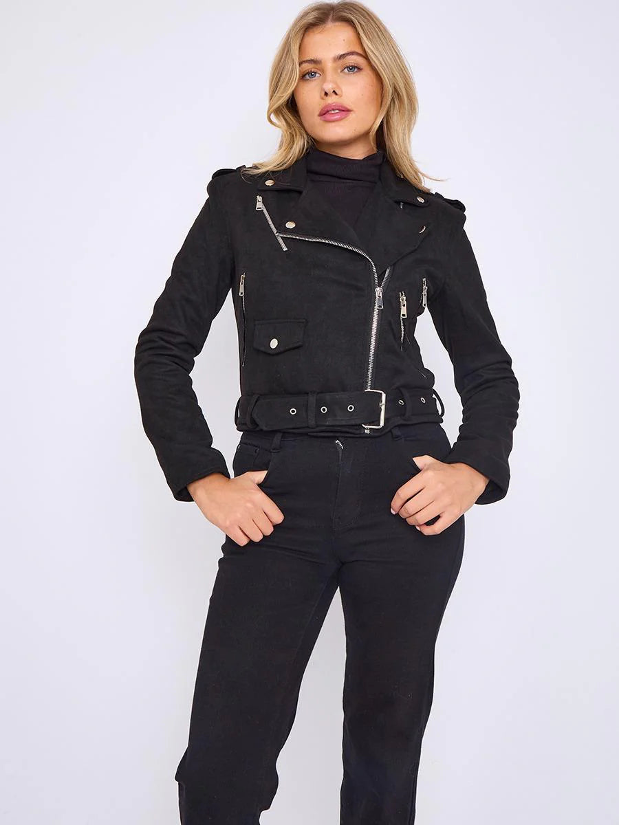 faux leather cropped biker jacket with belt black