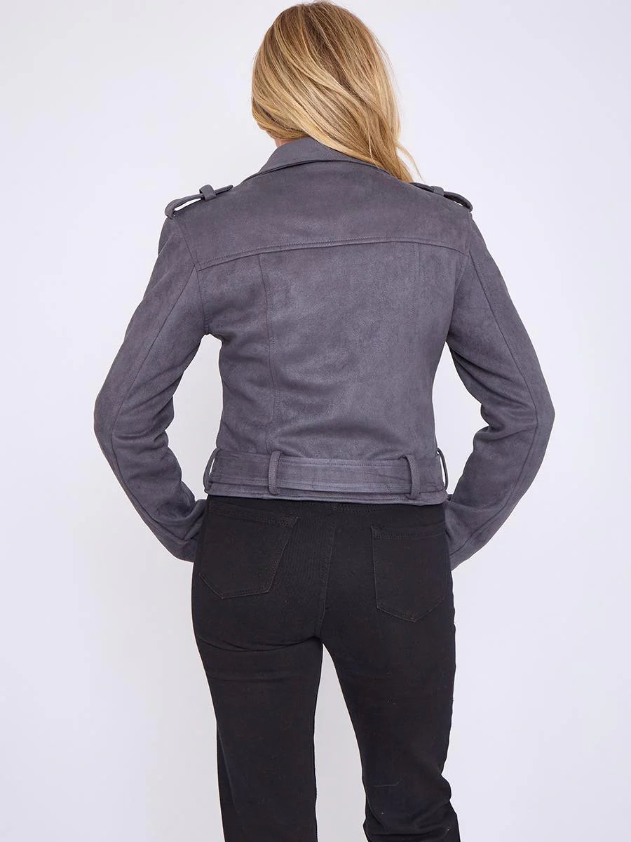 faux leather cropped biker jacket with belt grey rear