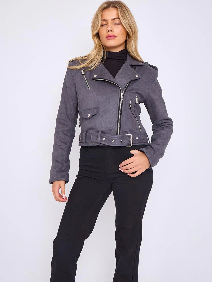 faux leather cropped biker jacket with belt grey