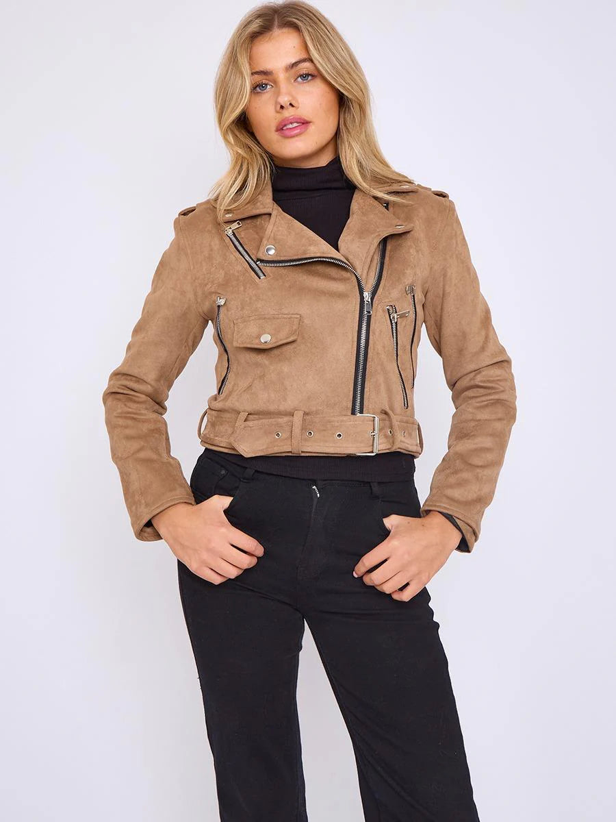 faux leather cropped biker jacket with belt stone