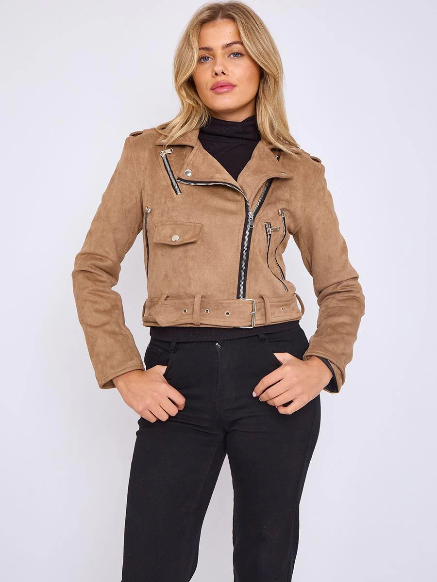 faux leather cropped biker jacket with belt