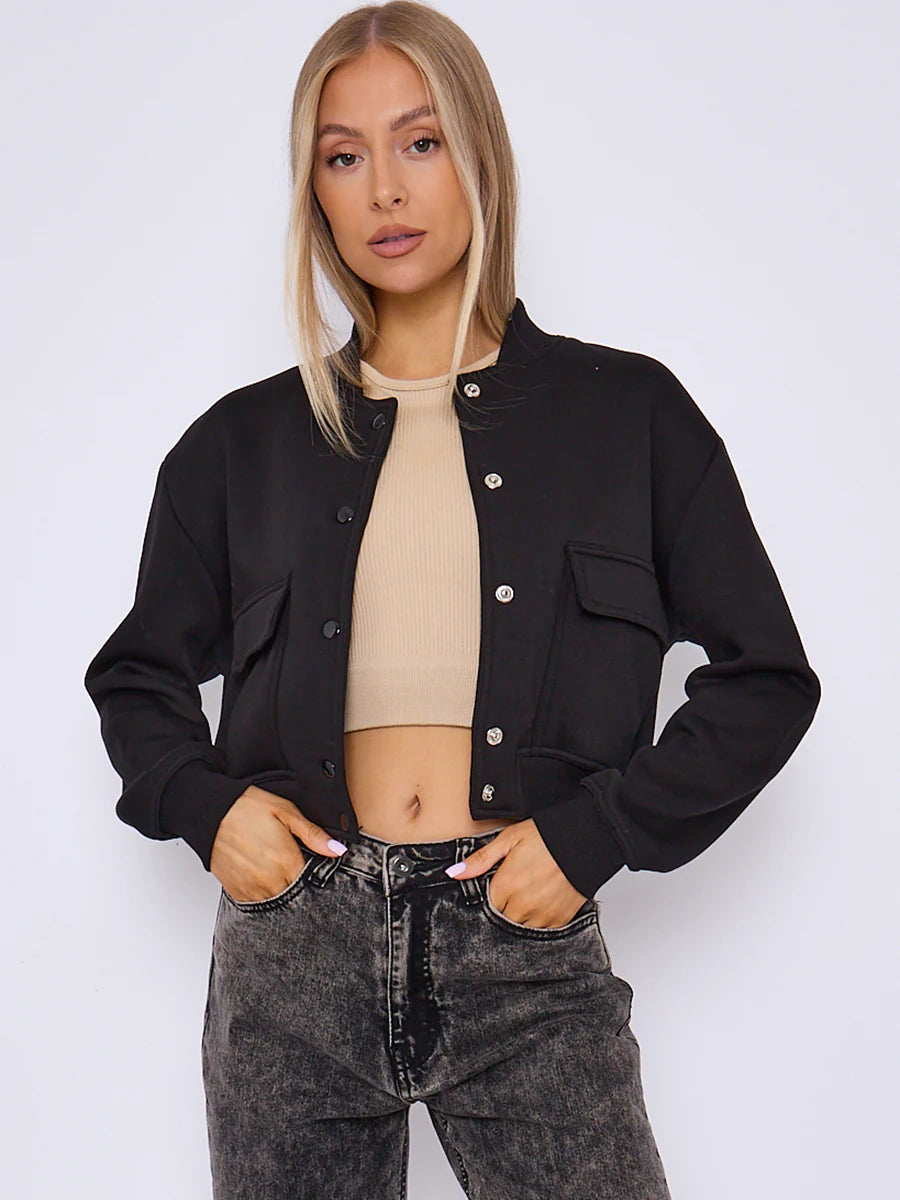 fleeced cropped bomber jacket black