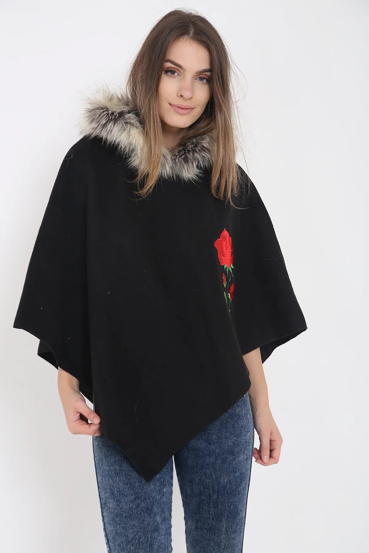 floral embroidered faux fur hooded poncho black