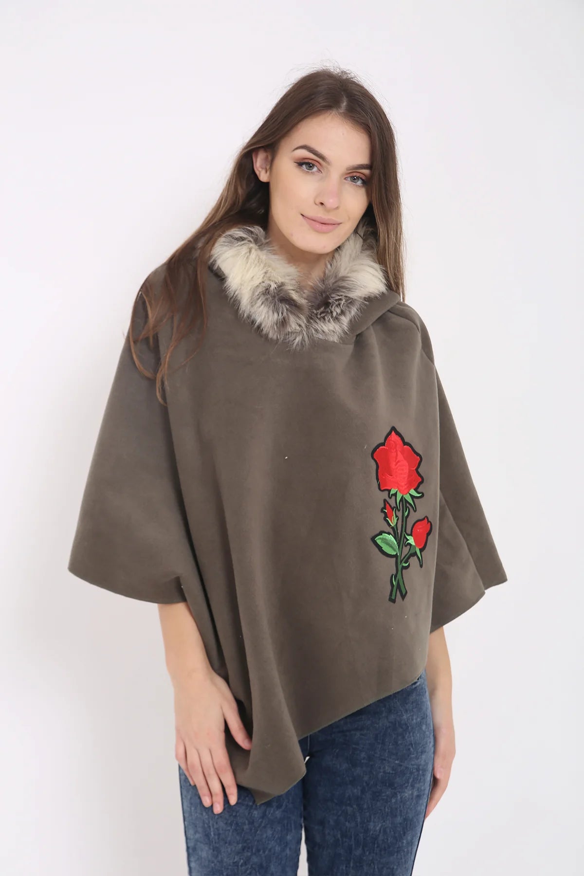 floral embroidered faux fur hooded poncho khaki