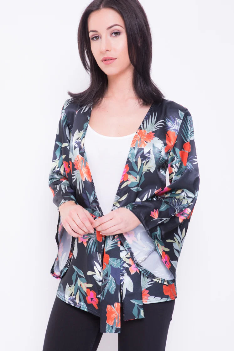 floral print flared sleeve satin kimono