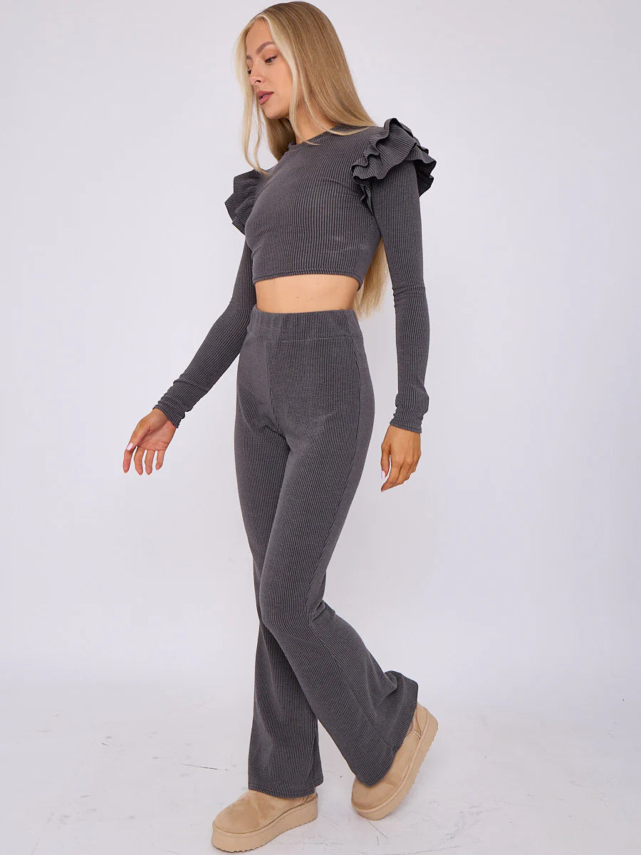 frill shoulder ribbed crop top wide leg trouser co ord charcoal alternate side