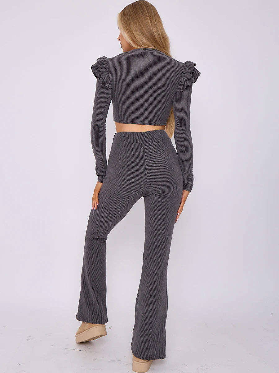 frill shoulder ribbed crop top wide leg trouser co ord charcoal rear