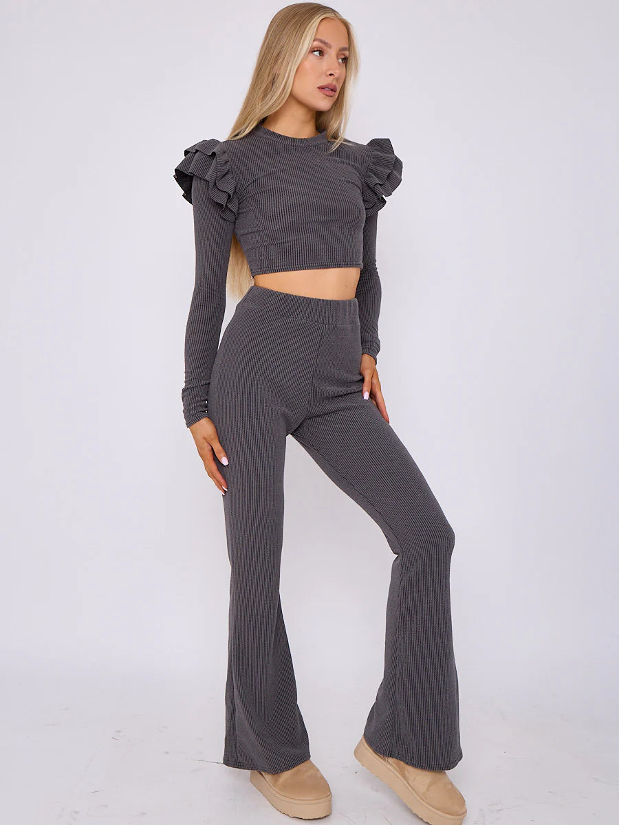 frill shoulder ribbed crop top wide leg trouser co ord charcoal side