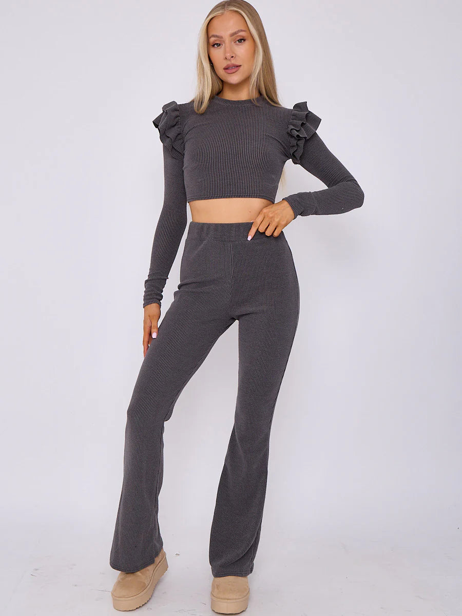 frill shoulder ribbed crop top wide leg trouser co ord charcoal