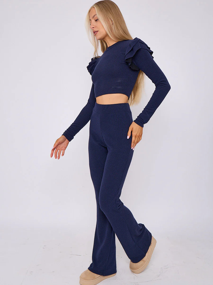 frill shoulder ribbed crop top wide leg trouser co ord navy side