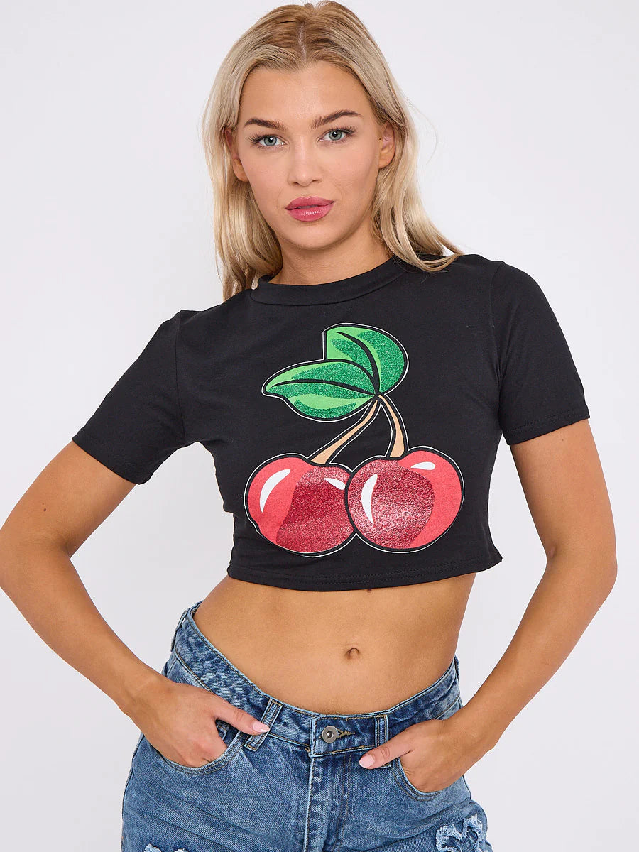 glitter detail cherry graphic printed crop top