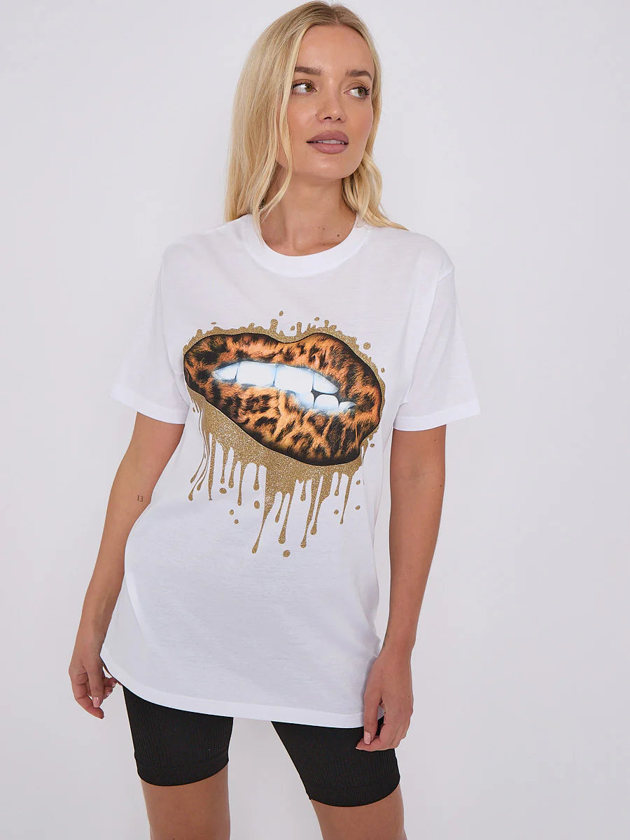 gold drip lip graphic printed t shirt white