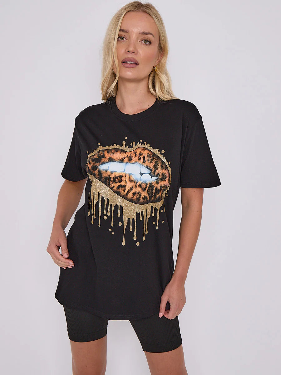 gold drip lip graphic printed t shirt