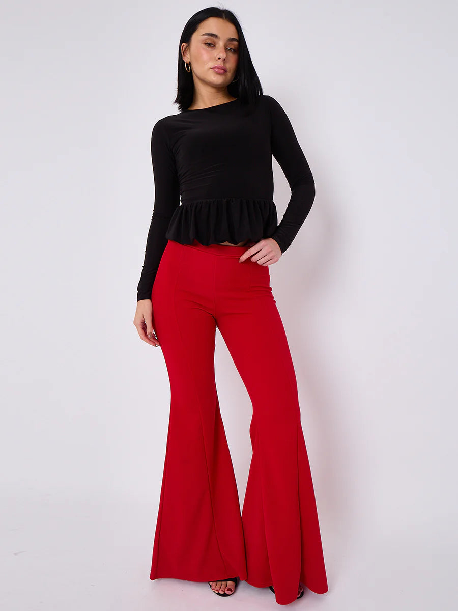 high waist flared trousers red