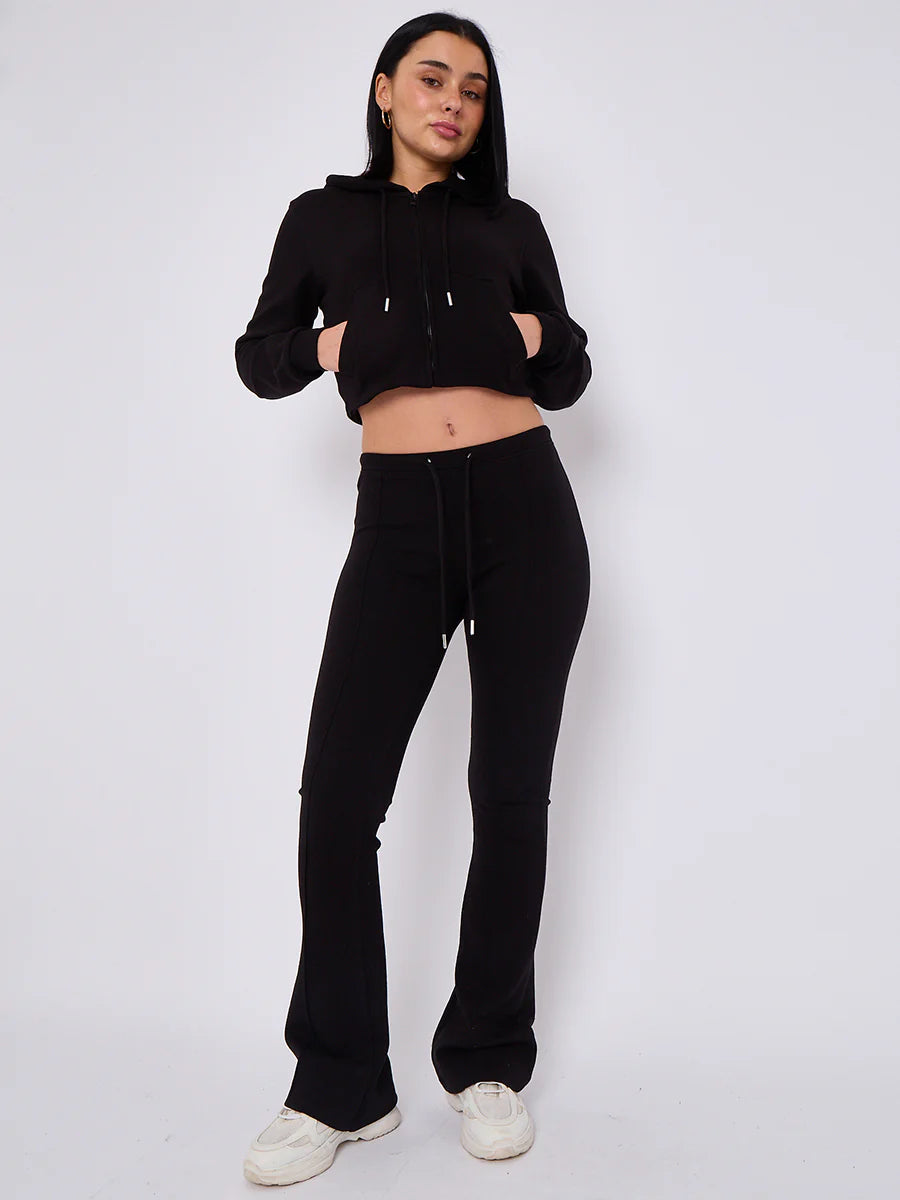 interlock cropped zip hoodie and bell bottom trouser set black