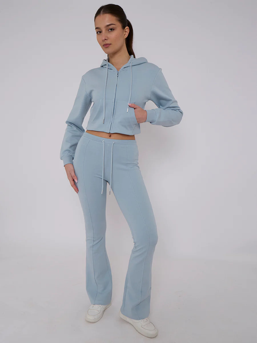 interlock cropped zip hoodie and bell bottom trouser set blue