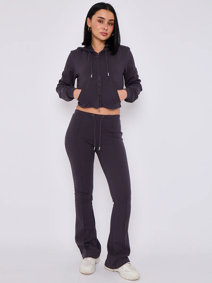 interlock cropped zip hoodie and bell bottom trouser set charcoal