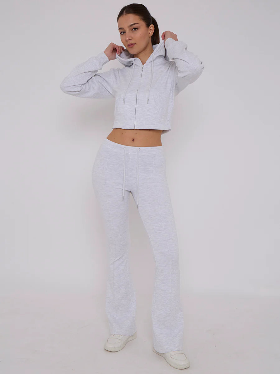 interlock cropped zip hoodie and bell bottom trouser set grey