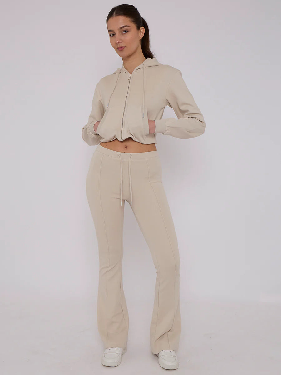 interlock cropped zip hoodie and bell bottom trouser set oatmeal