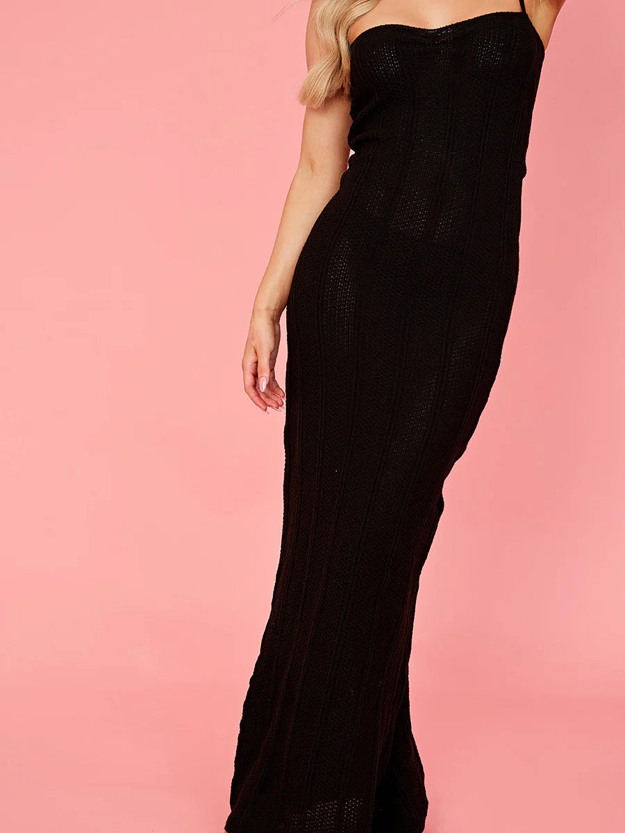 knitted cami maxi dress black closeup