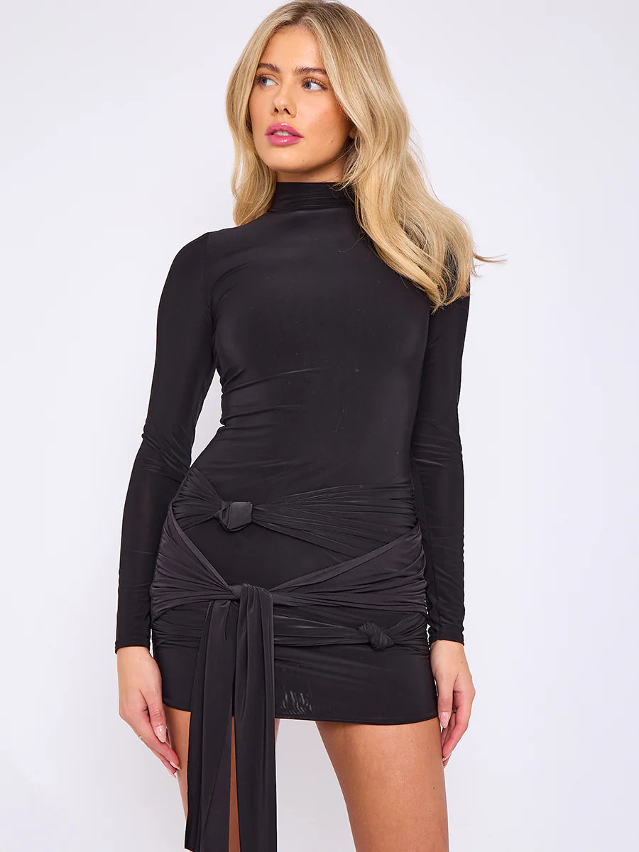 knot front slinky dress with drape detail black closeup