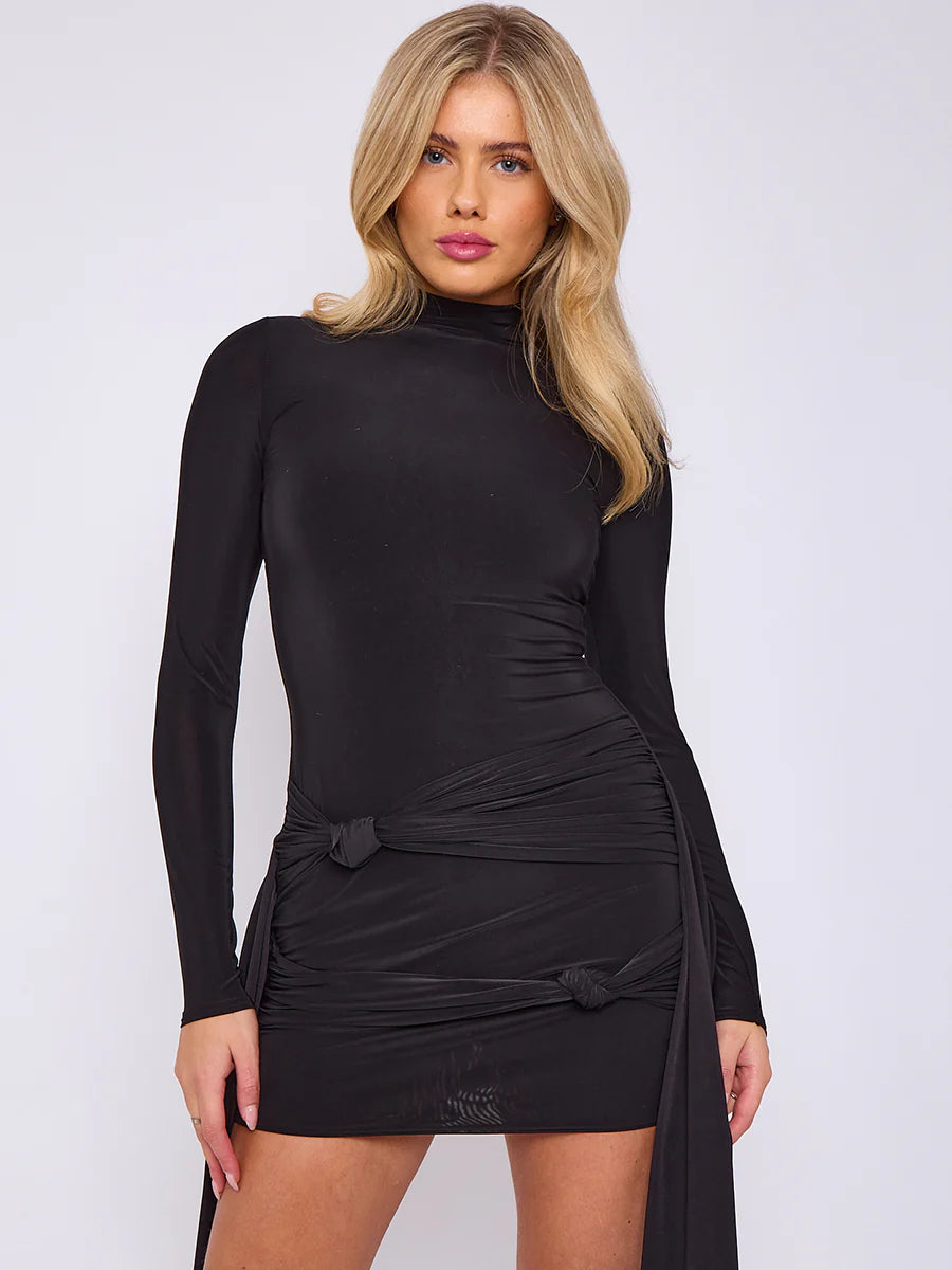 knot front slinky dress with drape detail black