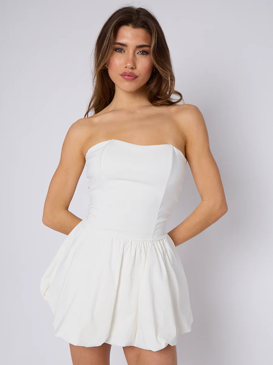 lace back ruched bandeau dress cream