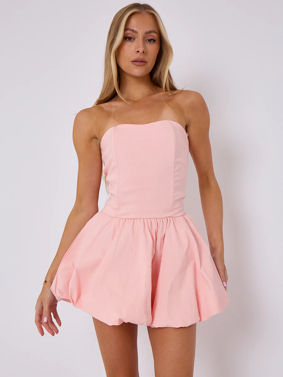 lace back ruched bandeau dress pink