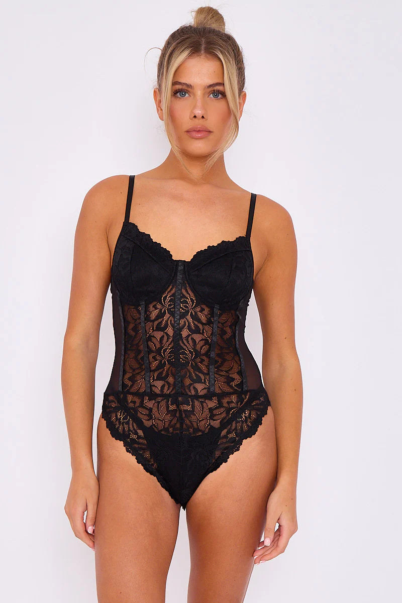 lace detail corset style bodysuit black front