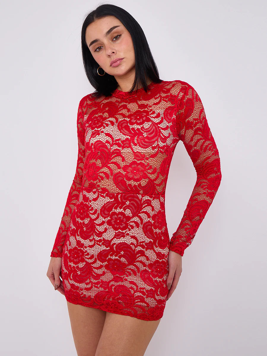 lace detail high neck long sleeve dress red