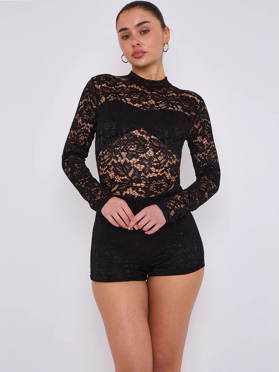 lace detail high neck long sleeve playsuit black