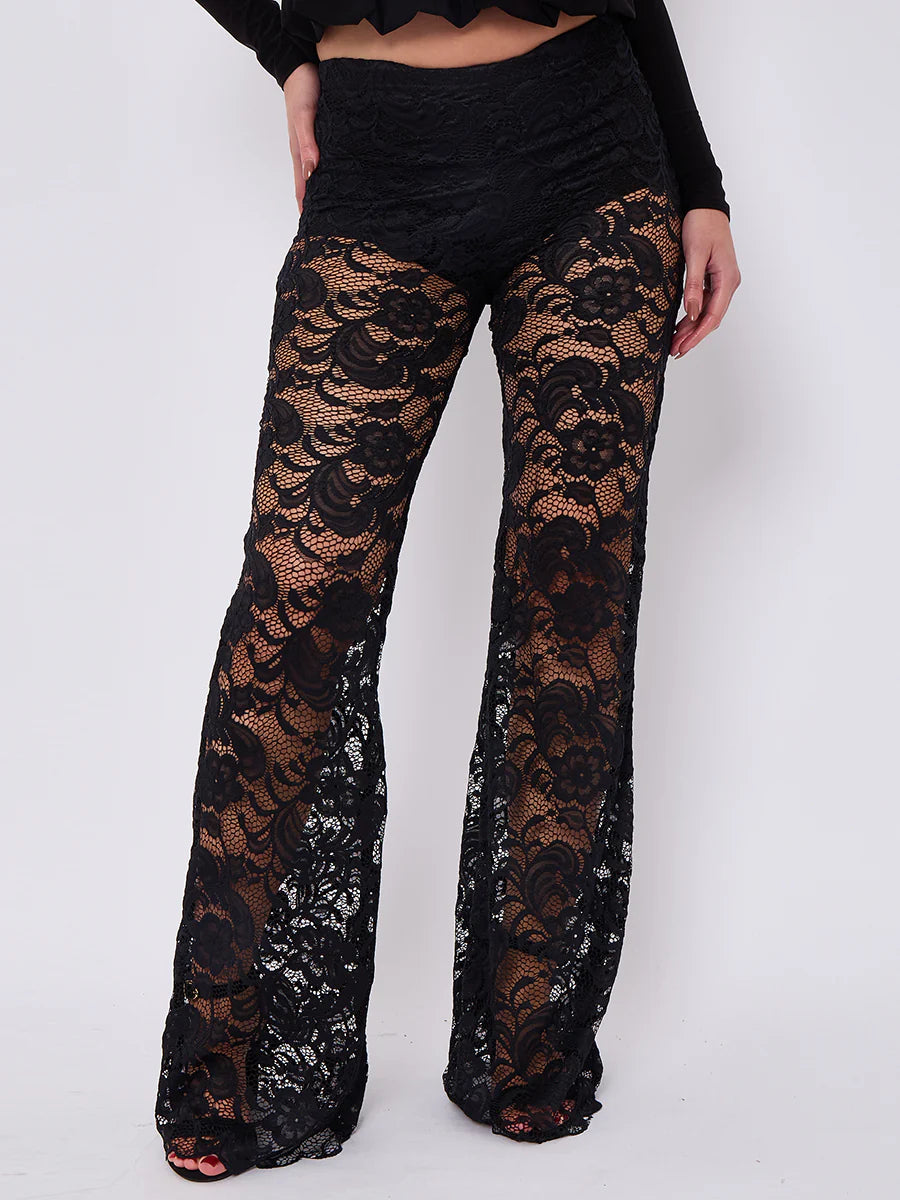 lace detail high waist flared trousers black