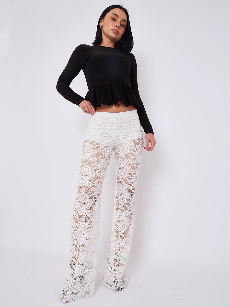 lace detail high waist flared trousers cream