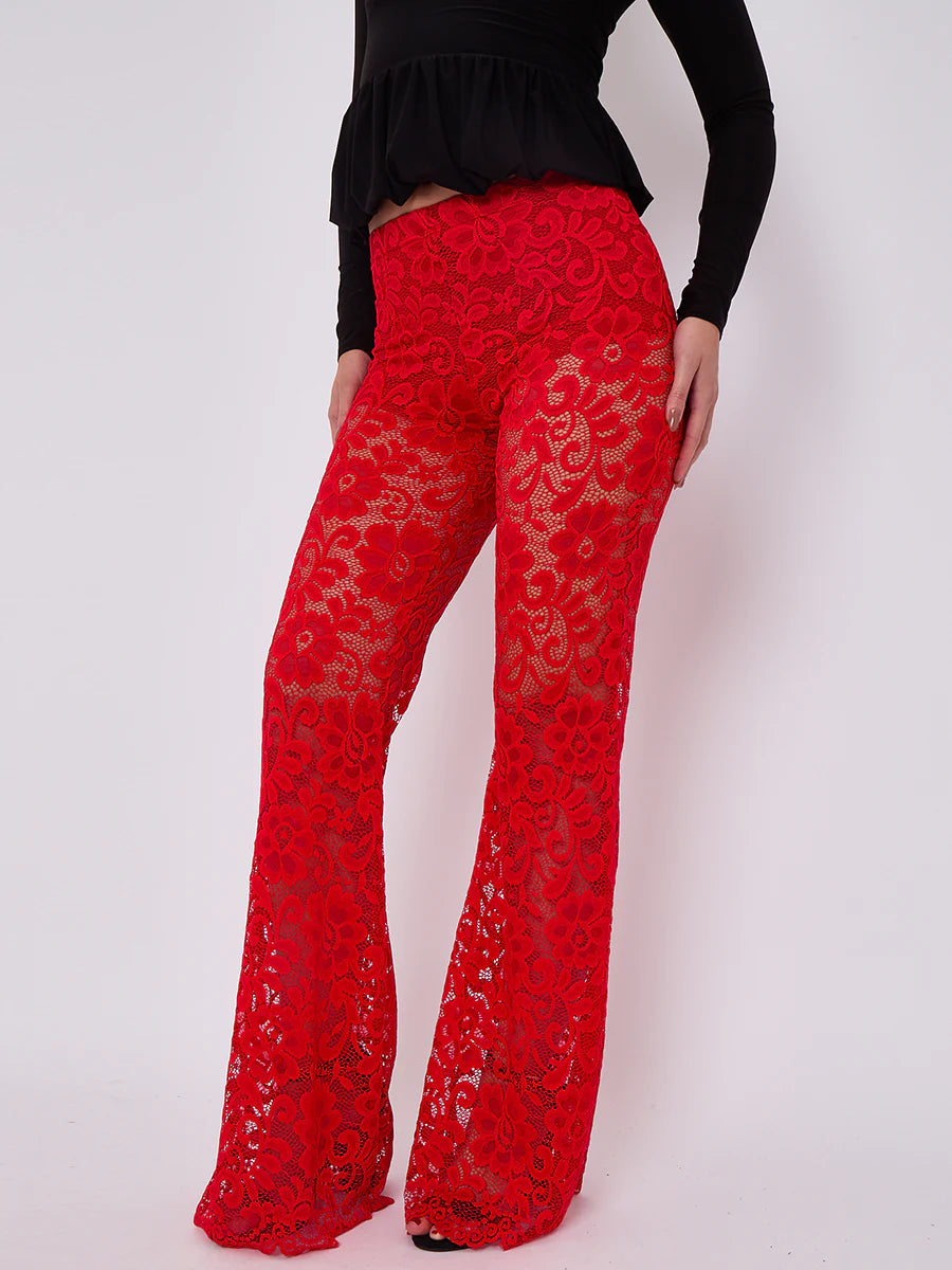 lace detail high waist flared trousers red