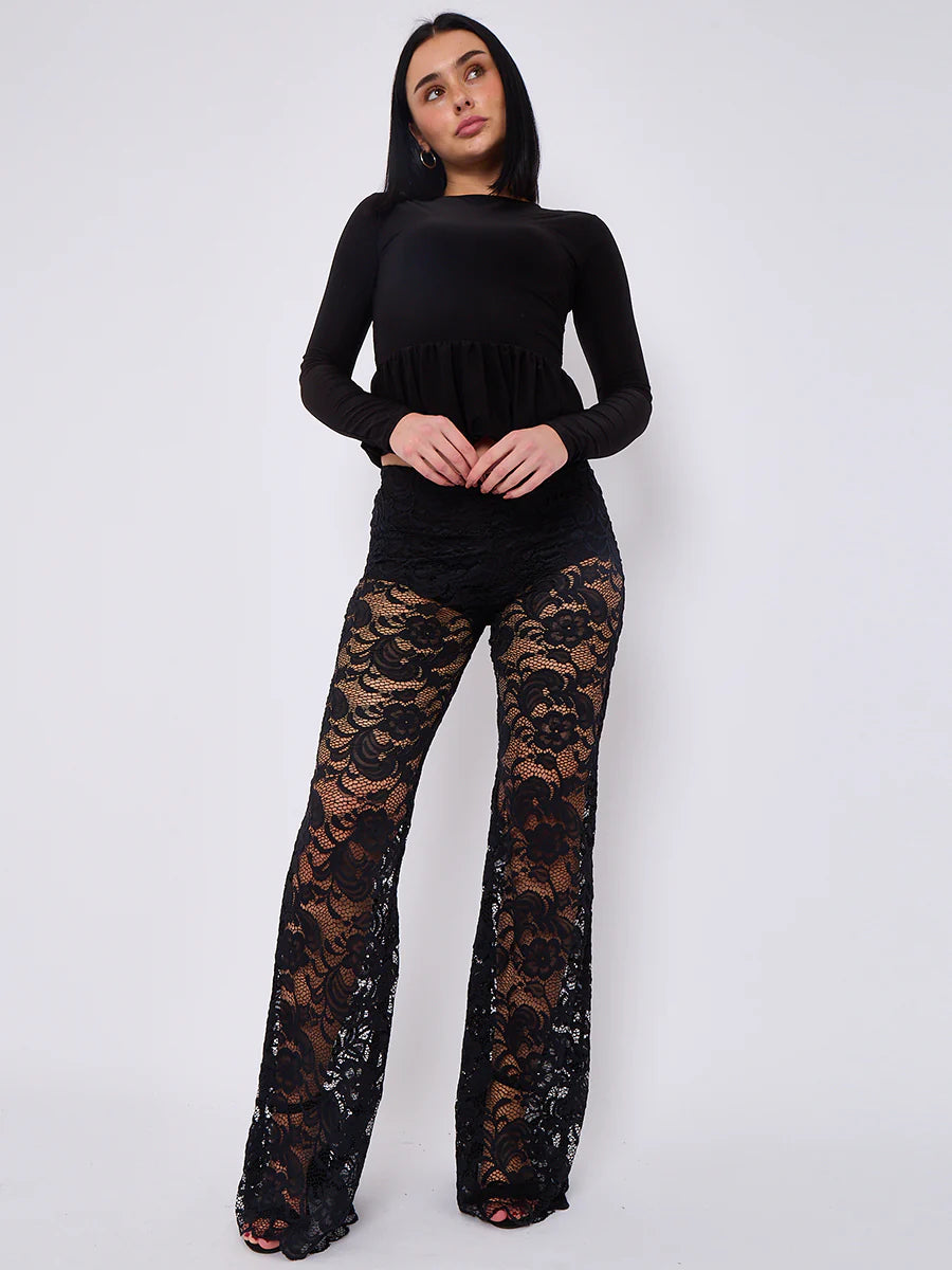 lace detail high waist flared trousers