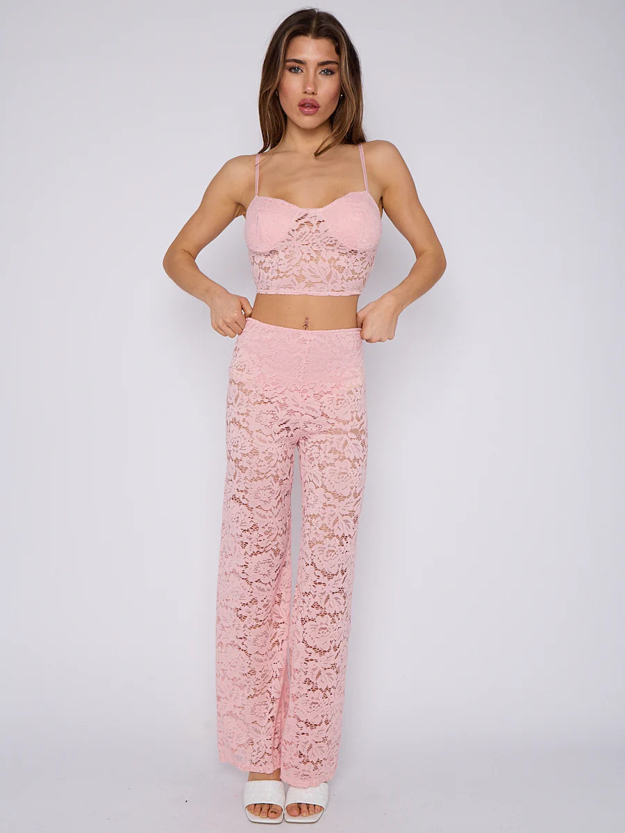 lace detail padded bralet crop top flare trouser co ord pink